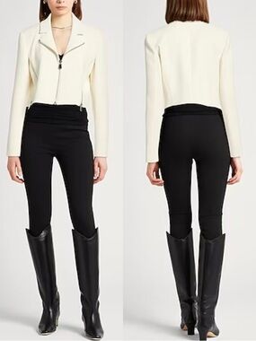 Pinko Frejus Short Cropped Crepe White Biker Zipper Jacket Blazer Size 8 NEW